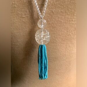 Sweet Olive Matte Rock Crystal w Carved Rock Crystal & Turquoise Tassel Necklace